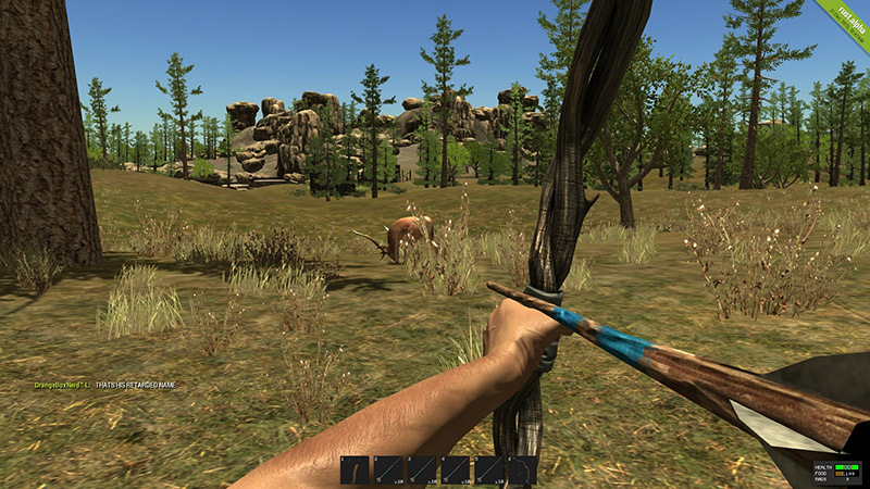 arrow pulled back from videogame pov aimed at deer in field