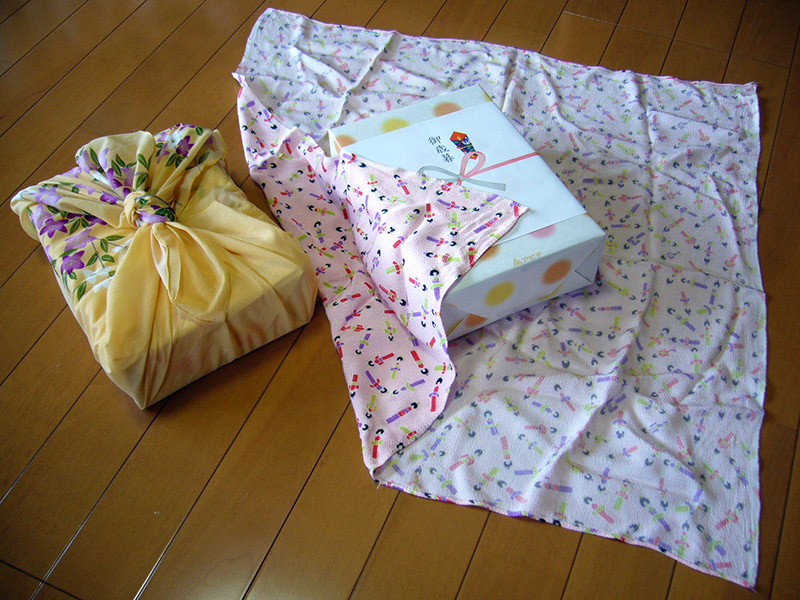 omiyage wrapped in furoshiki square cloth