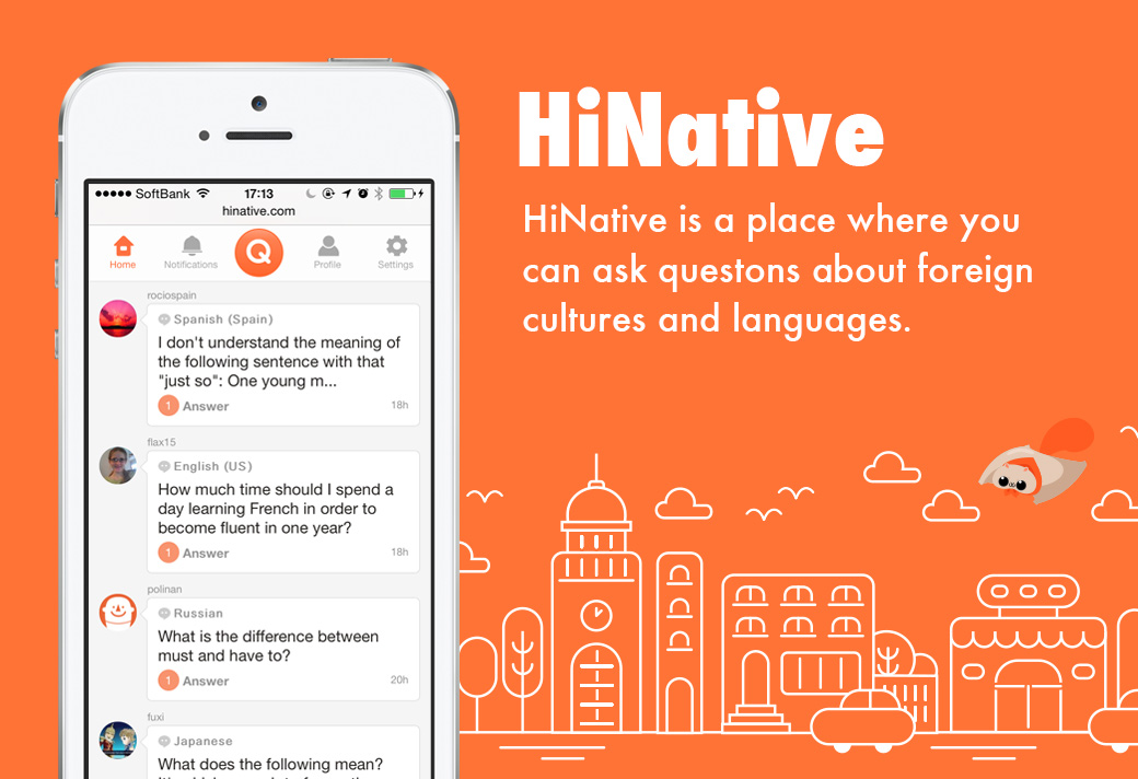 list of language questions on homepage of hinative cellphone app