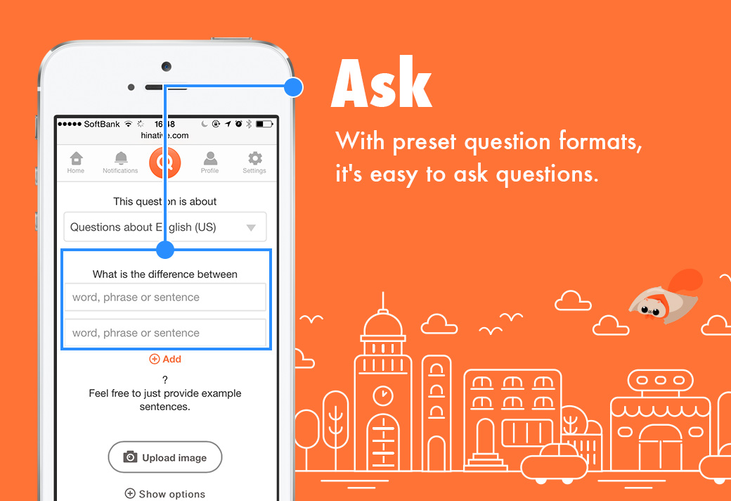 hinative app page for asking language questions of users