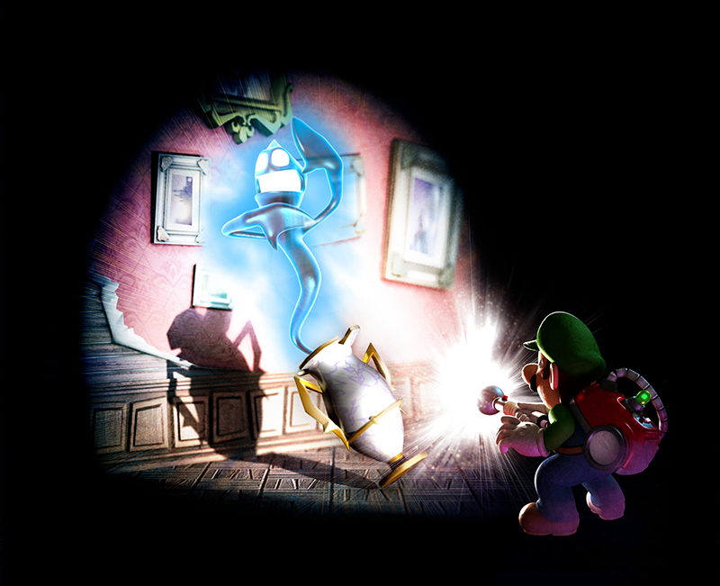 Luigi facing a ghost in Luigi's Dark Mansion