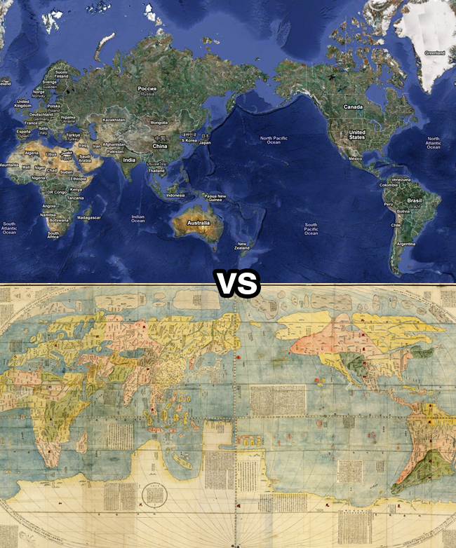 A modern map contrasted with an old-world map