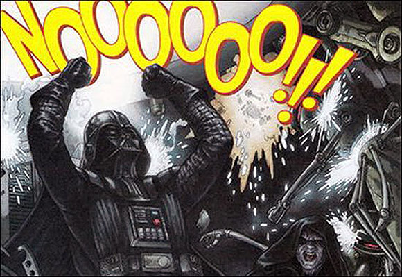 An image of Dath Vader with his fists in the air saying, ’Noooooo!!'