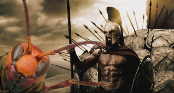 Leonidas from The 300 with a giant hornet Photoshopped next to him