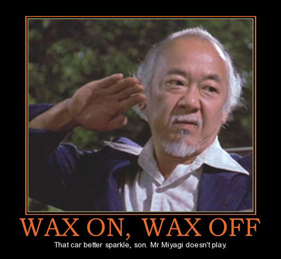 Mr. Miyagi looking upset with the caption: That car better sparkle, son. Mr. Miyagi doesn’t play.