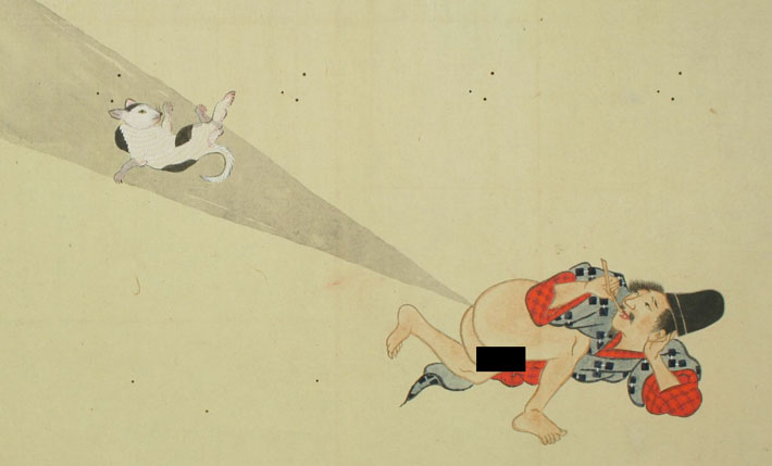 A Japanese man unleashes his fart on a small cat