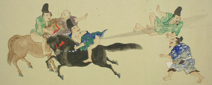 Japanese man on a horse unleashing flatulence on two men