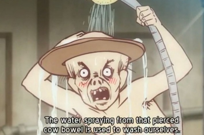 Old man in an anime washing himself with a shower head saying, 'The water spraying from that pierced cow bowel is used to was ourselves'