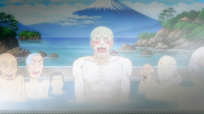 Screenshot from Thermae Romae of a caucasian man yelling in a public bath
