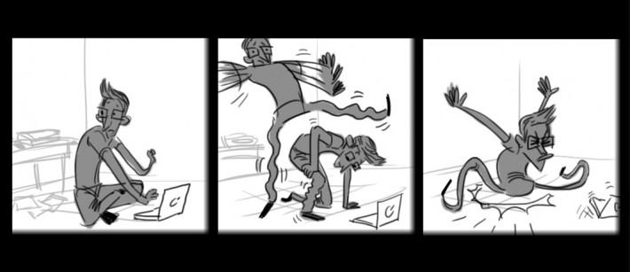 Comic of a man getting up from the floor and falling down because his legs were asleep