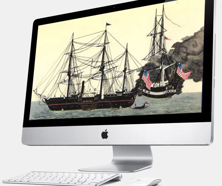 An iMac screen with a painting of Matthew Perry's ships