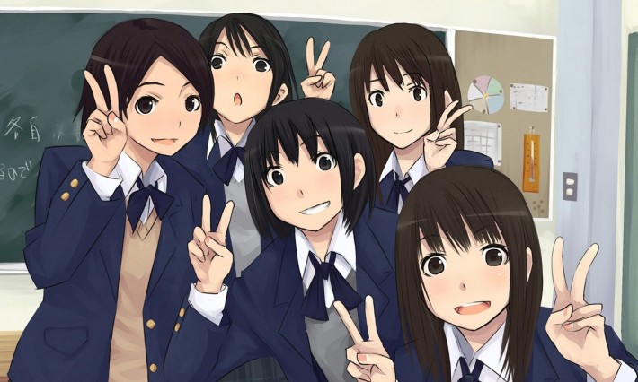 Group of anime girls making the peace sign