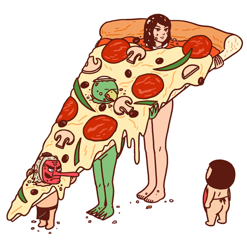 Artwork by Kimiaki Yaegashi of a woman inside a pizza