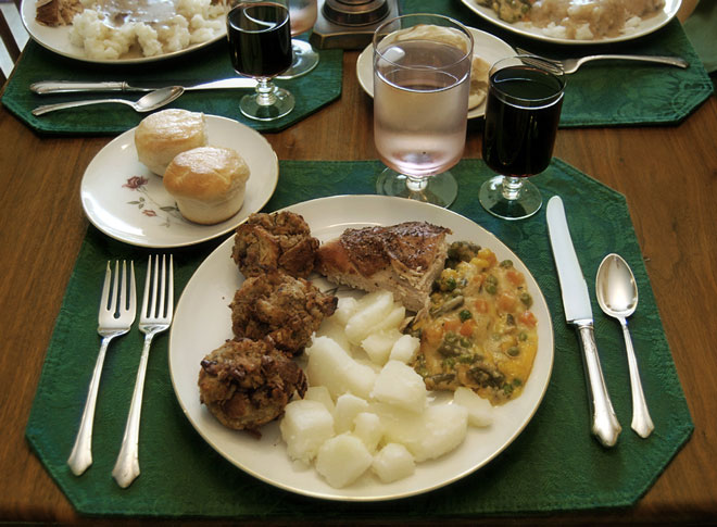 Plate of food at a Thanksgiving dinner