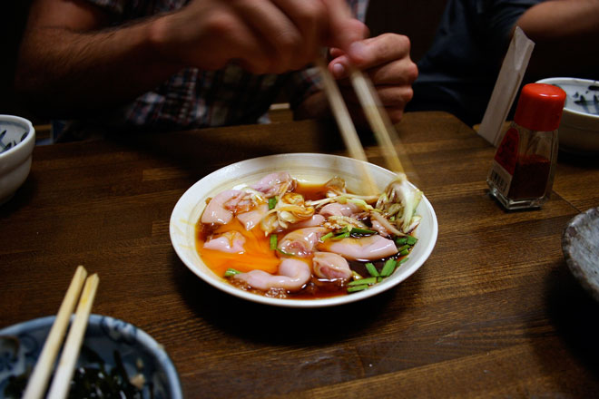 pig testicles in broth about to be eaten in piss alley