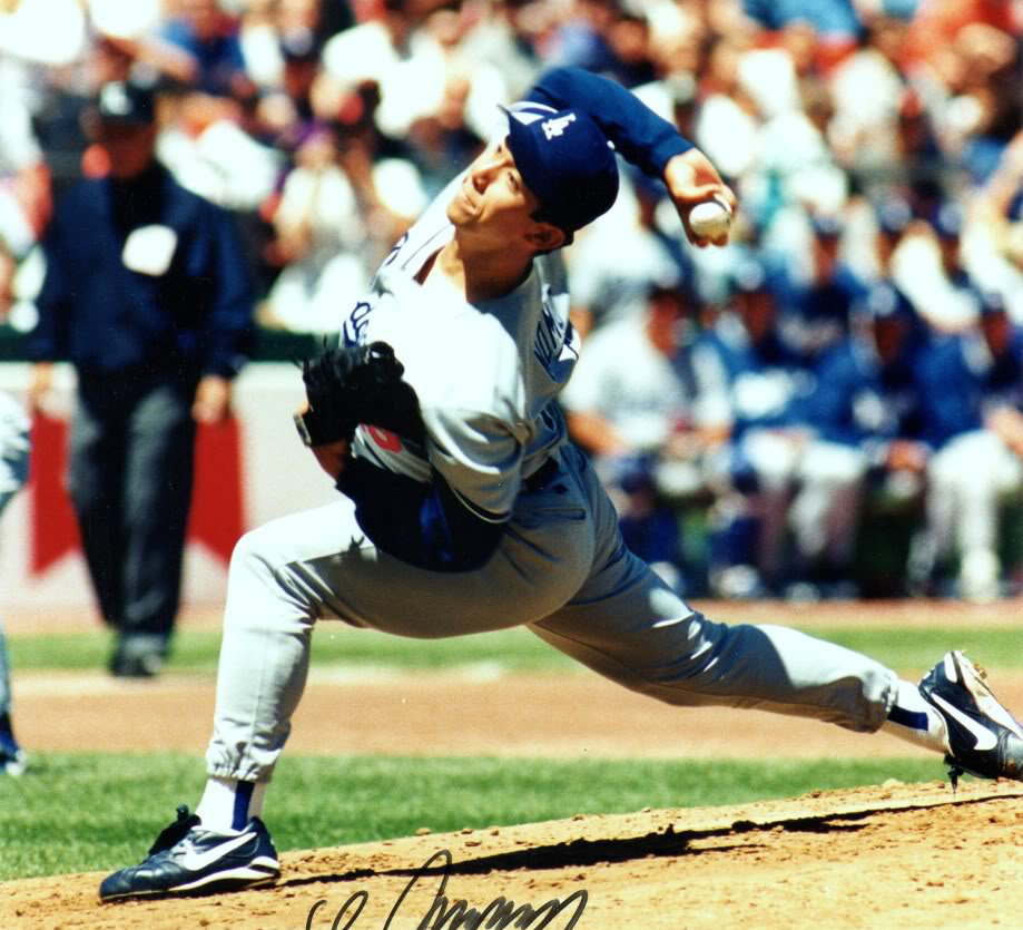 baseball player hideo nomo in mid-pitch