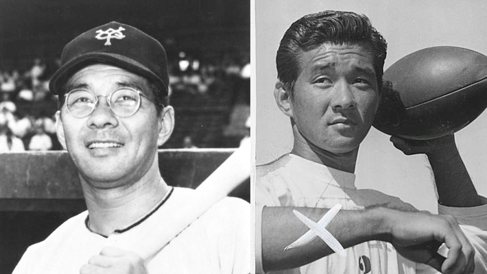 wally yonamine in baseball uniform and holding football