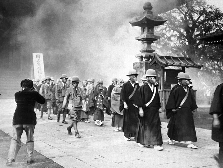 Japanese wearing gas masks