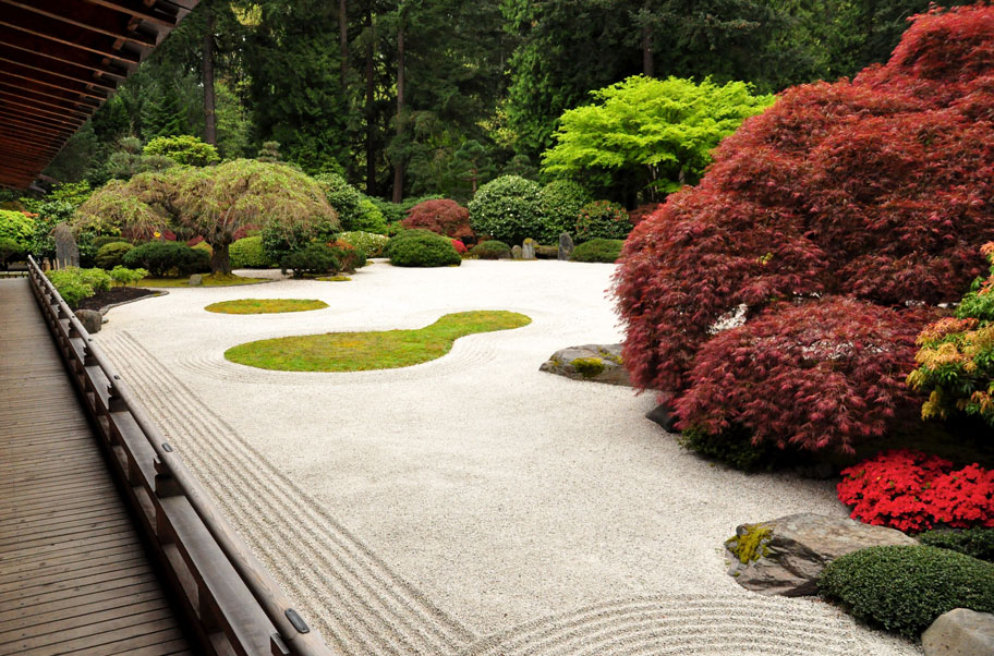 gravel and bushes in zen garden in portland oregon