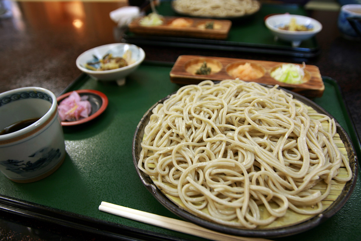 bowl of soba noodles and cup of tea