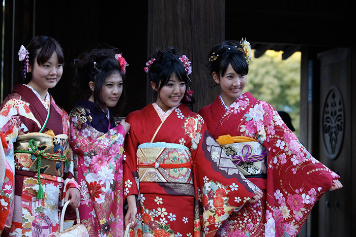 Four young Japanese women in yukata