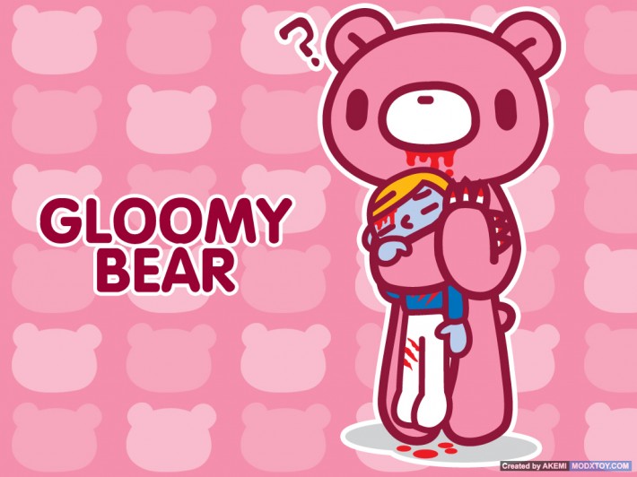 Gloomy Bear, a guro-kawaii character holding their dead owner