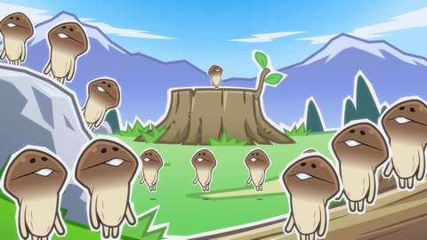 A mushroom character named Nameko in a field with mountains