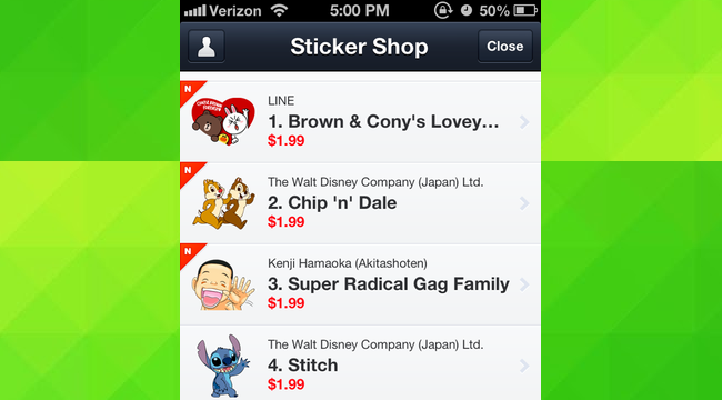 A list of stickers available for purchase on LINE