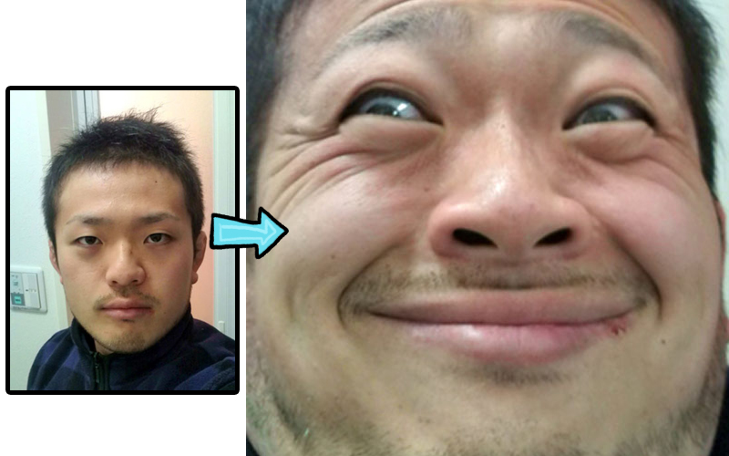 Before and after of a handsome man making a weird face