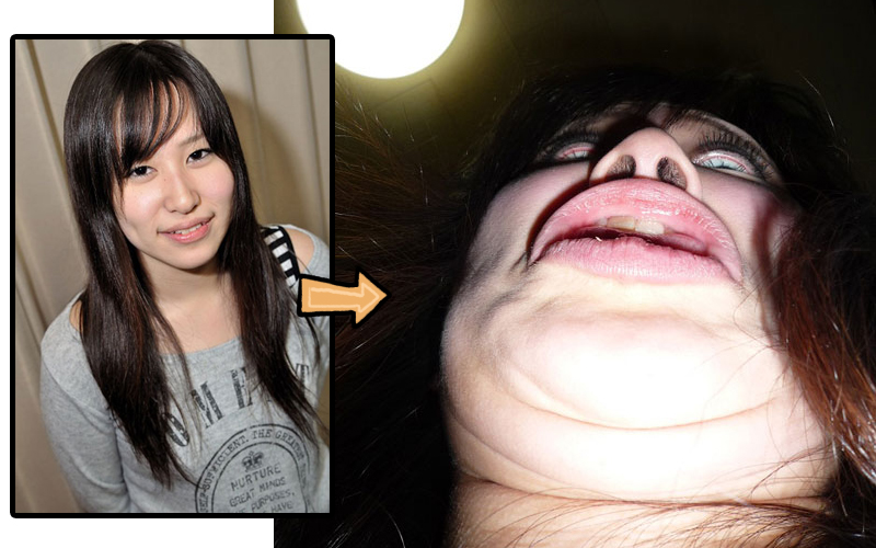 Before and after of a cute girl making a weird face