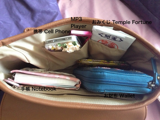 looking inside a womans purse with all the contents labeled