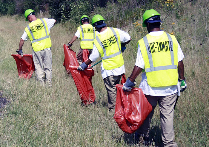 A group of four trash pickers in a field