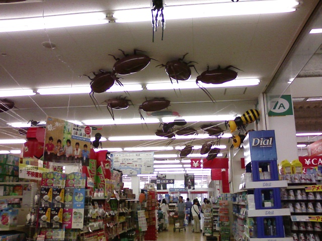 giant cockroach balloons on a store ceiling