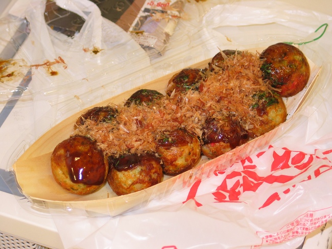 Takoyaki piled in a container