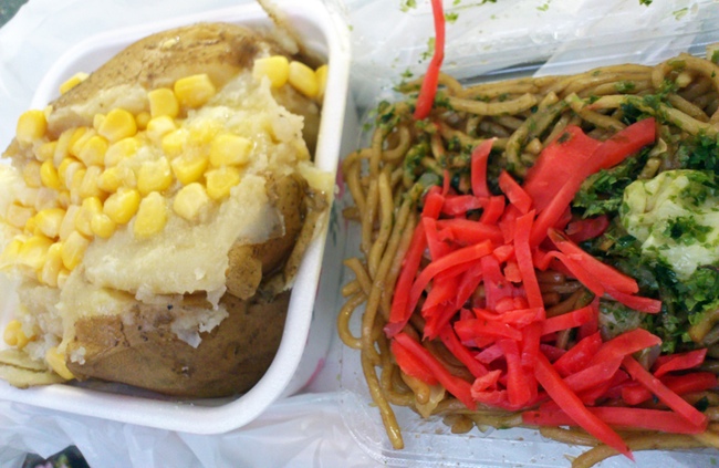 Yakisoba served with a baked potato