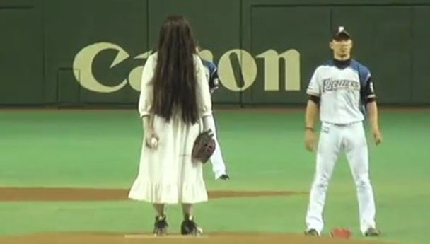 Sadako from The Ring on pitcher mound