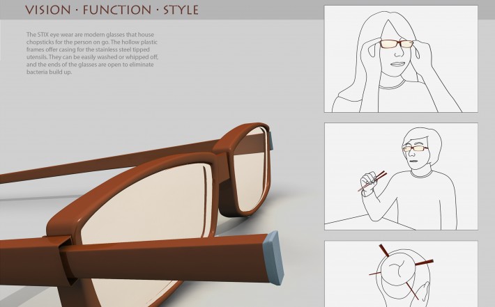 3D mockup of chopsticks that can fit into eyeglasses
