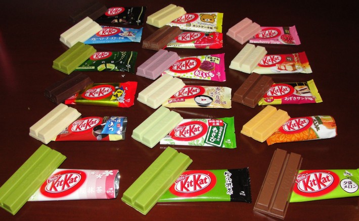 Rows of different flavored Japanese Kitkat bars