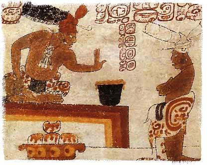 Ancient illustration of Mayans making chocolate