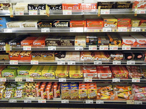 An aisle of various chocolate products