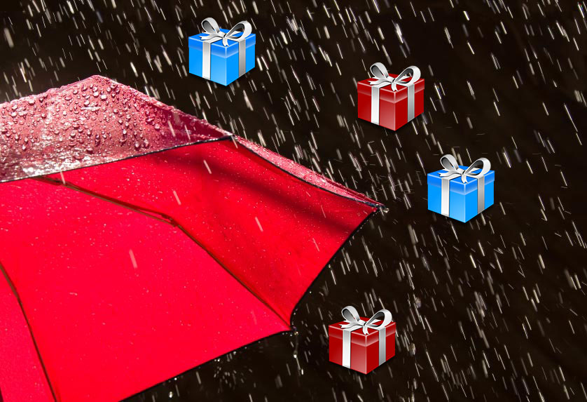 raining presents on a red umbrella