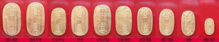 various of koban coins on display