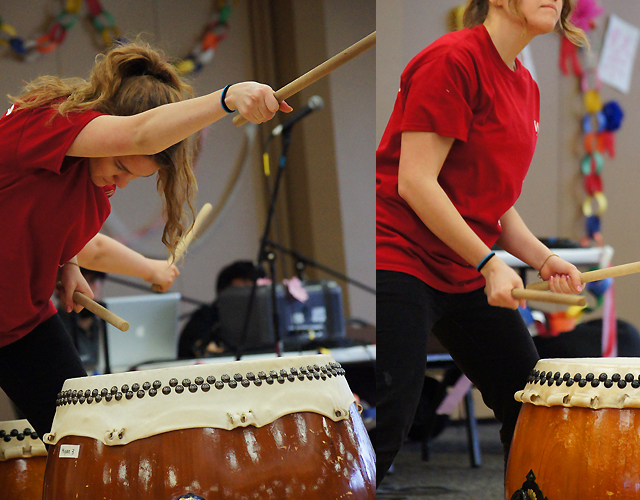 western women in the middle of taiko performance