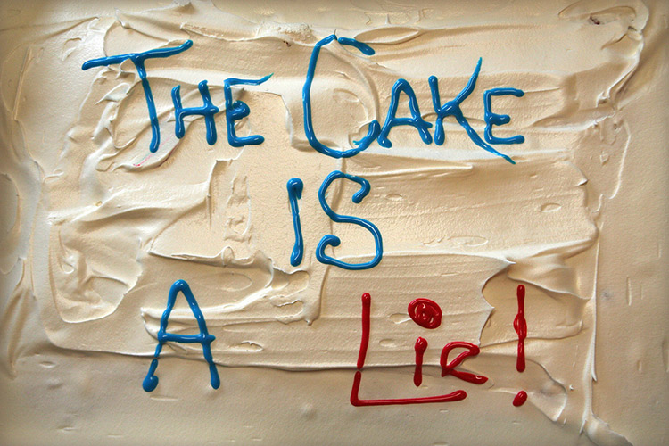 Ruined cake with the phrase THIS CAKE IS A LIE!