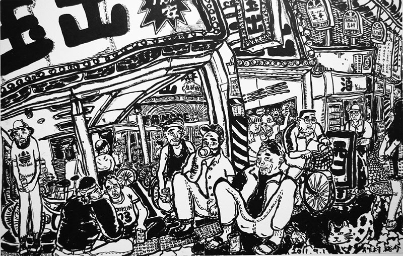 Japanese cartoon drawing crowd of people