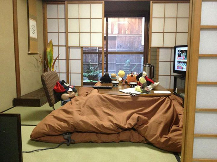 stuffed animal in a kotatsu