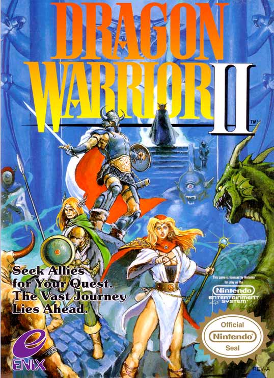 Boxart of Dragon Warrior 2 with knights and monsters