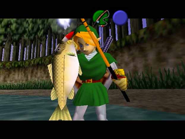 Link catching a fish in Ocarina of Time