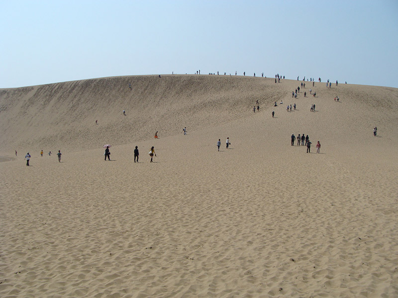 people walking over sand dune