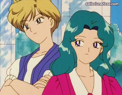 sailor uranus and sailor neptune standing together in civilian clothes